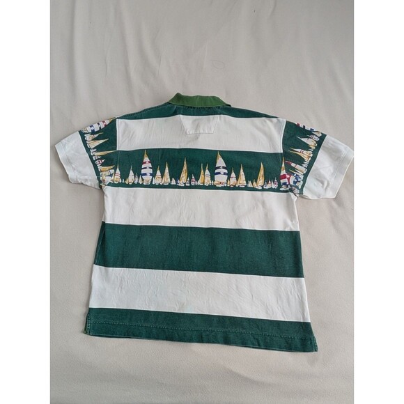 Vintage Nautica Sail Boats Vertical Striped Polo Shirt Green White M - Picture 2 of 9